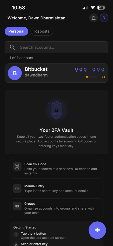 el2FA vault with 2FA codes in dark mode
